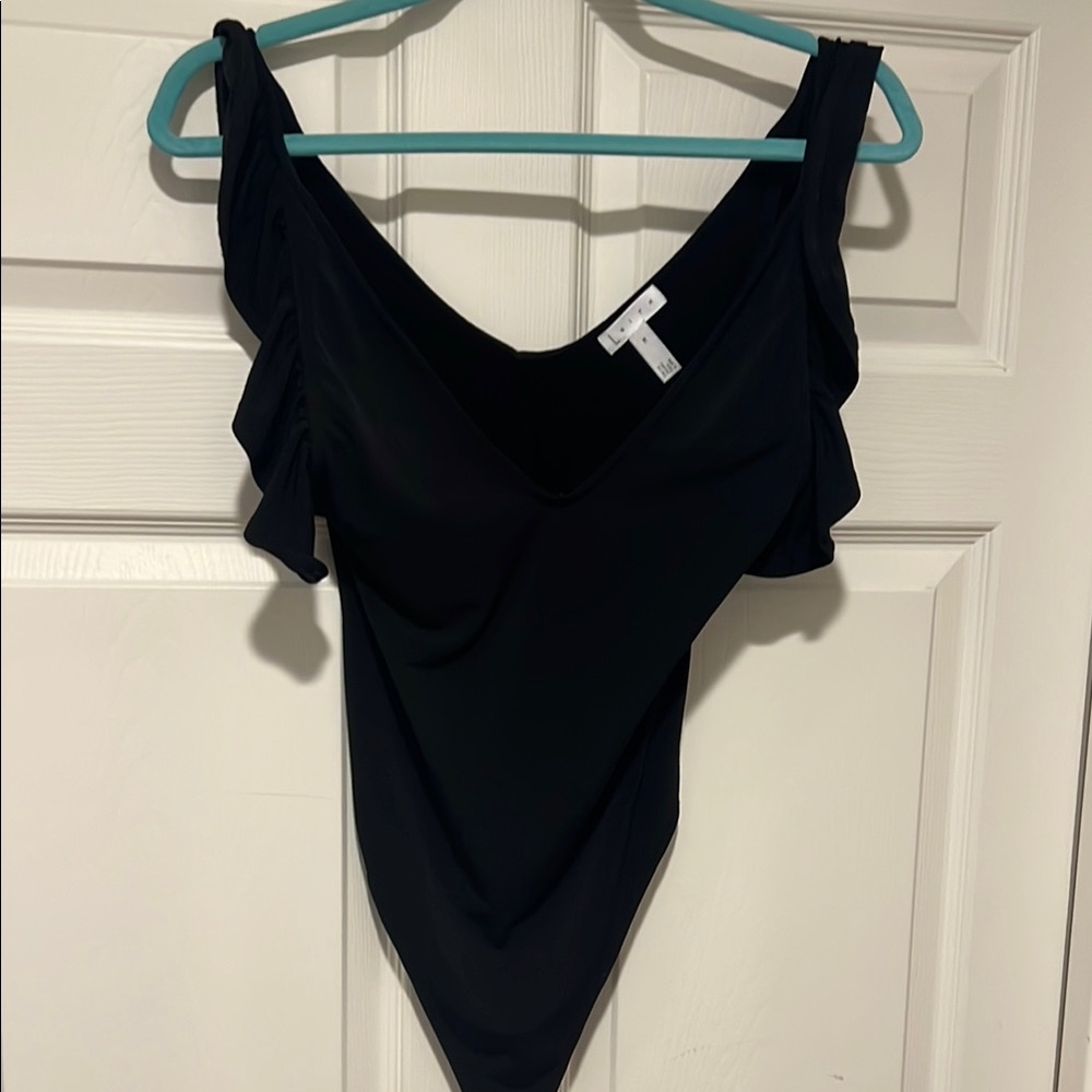 Leith Black Ruffled Deep V neck  Thong Bodysuit